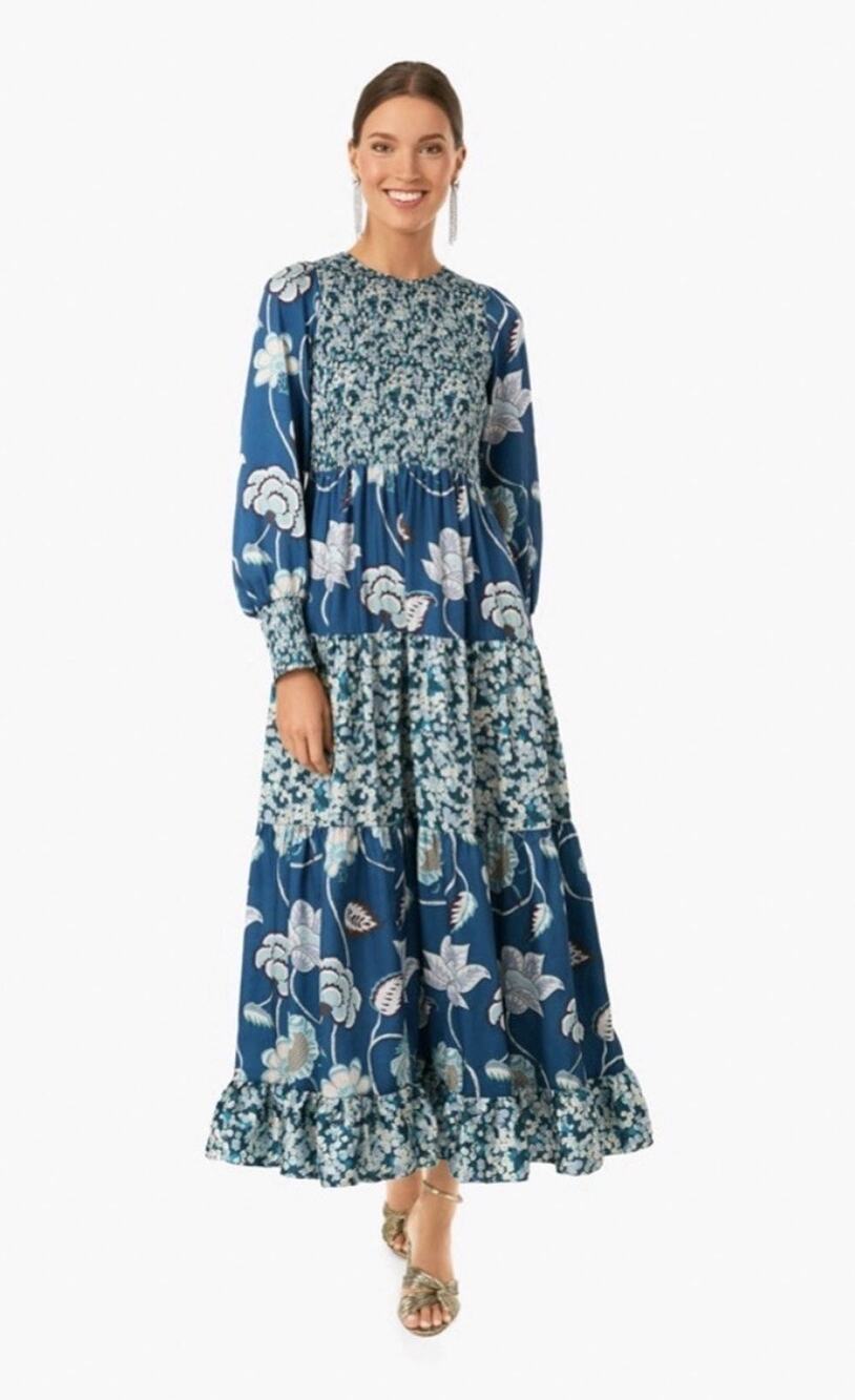 Tuckernuck Blue Floral Geranium Maxi Dress XXL 2XL Long Sleeve Smocked